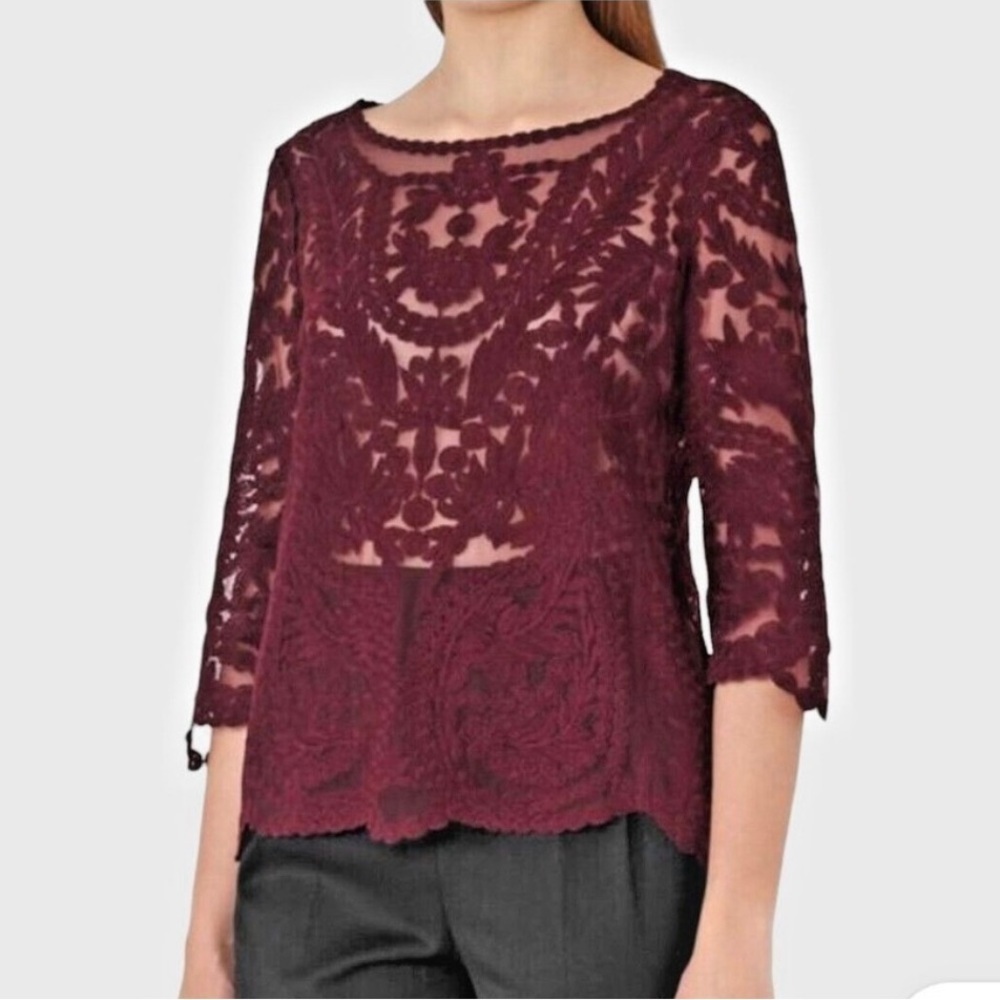 REISS Alden Lace Blouse in Burgundy
